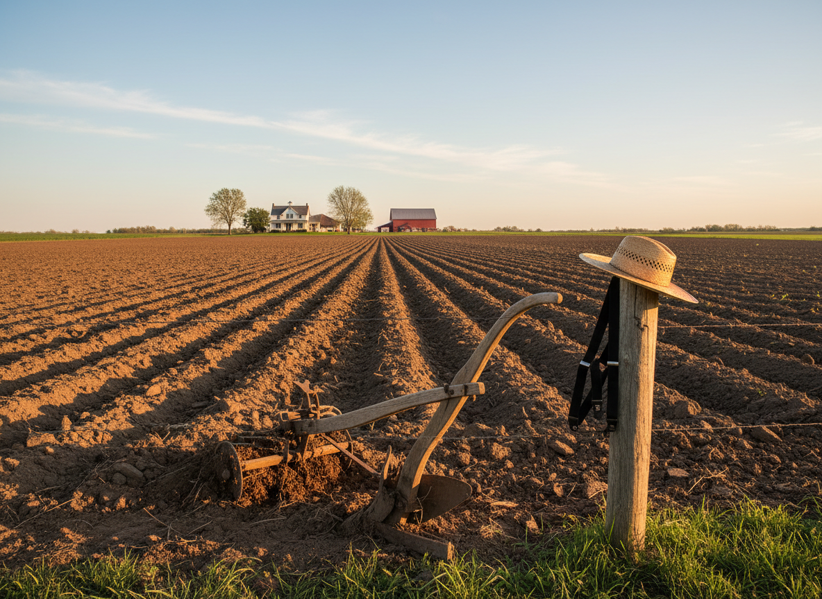 An expansive Amish farm field freshly plowed into even, dark furrows stretches into the distance under a wide, pale blue sky. In the foreground, a sturdy wooden plow, its metal blades still glistening with rich soil, rests beside a pair of neatly folded black suspenders and a straw hat on a fence post, implying a hardworking Amish man taking a break. Soft morning sunlight skims low across the furrows, emphasizing texture and depth. Photographed from a low angle with strong leading lines drawing the eye toward a distant white farmhouse and barn, the image feels energetic, hopeful, and subtly flirtatious in concept, aligning with the site’s playful tagline.