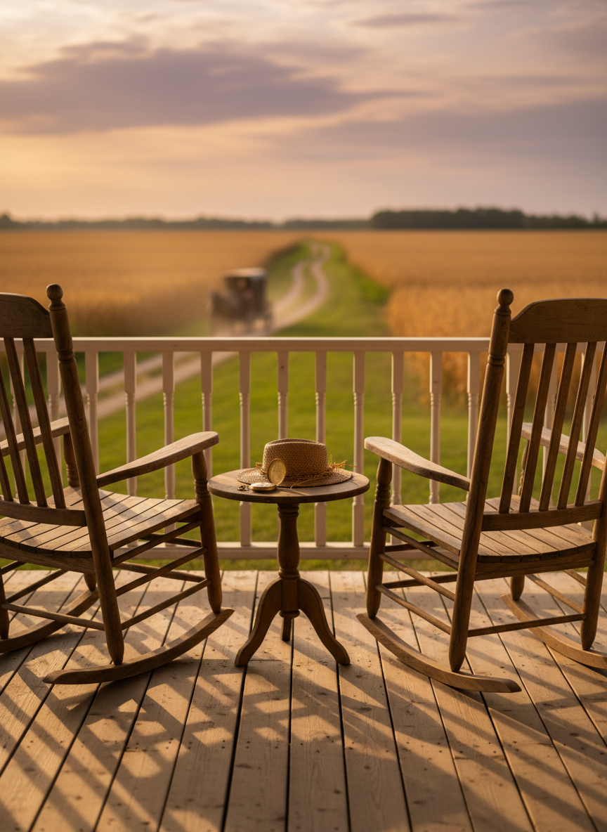 Two simple, hand-carved wooden rocking chairs sit side by side on a wide farmhouse porch, angled slightly toward each other as if in conversation. Between them rests a small wooden table holding a single, well-worn straw hat and a polished pocket watch, hinting at a hardworking Amish farmer taking a break. Beyond the porch railing, golden fields of corn and a distant buggy moving along a country road are softly out of focus. Captured in warm golden hour light with a shallow depth of field and photographic realism, the mood feels cozy, inviting, and subtly romantic, ideal for a dating-focused banner image.