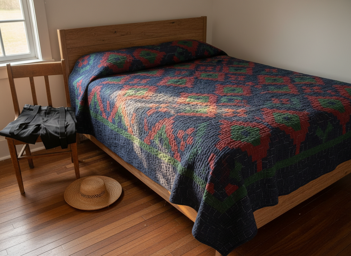 A neatly made, traditional Amish bed with a vibrant hand-stitched quilt in bold geometric patterns of deep navy, burgundy, and forest green dominates a rustic bedroom. The quilt’s precise, masculine stitching and textures are shown in close detail. Beside the bed, a simple wooden chair holds a black broadfall trouser and suspenders, with a straw hat on the floor nearby. Soft late-afternoon light filters through a small window, casting gentle shadows across the quilt. Shot from a slightly elevated angle in photographic realism, the scene feels warm, playful, and suggestively cozy while staying tasteful and respectful, perfect for hinting at intimacy on a dating site.